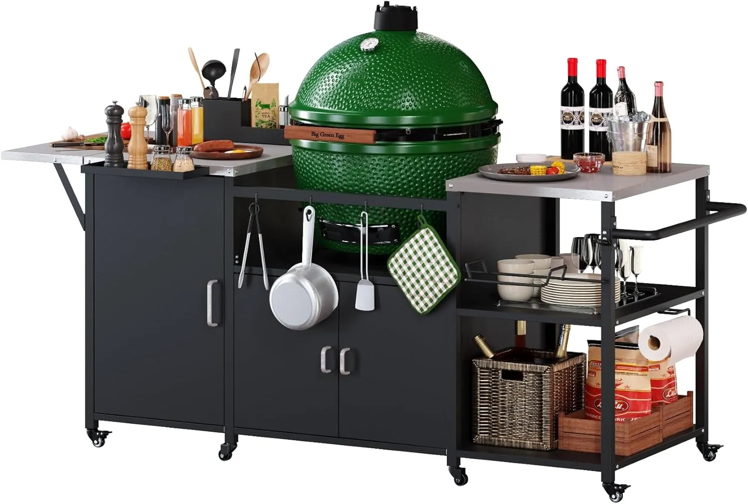 Outdoor Grill Cart for Big Green Egg, Heavy Duty Grill Station Prep Table with Storage, Multifunctional Metal Grill Table Compatible with XL Green Egg, Big Joe, Primo XL, Includes Waterproof Cover