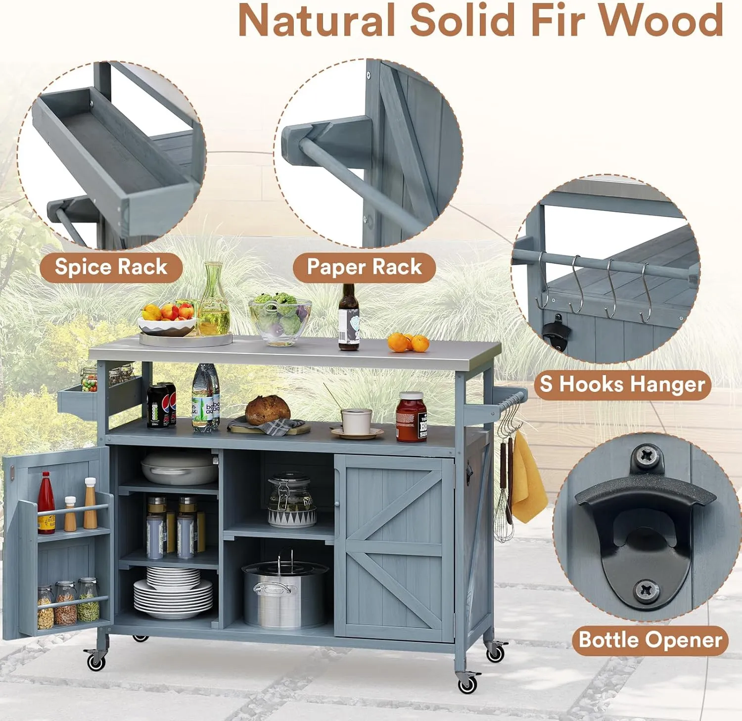 Outdoor Grill Cart, Stainless Steel Tabletop Outdoor Kitchen Island, Solid Wood Outdoor Buffet Cabinet with Lockable Wheels for Grilling, Gray-Blue