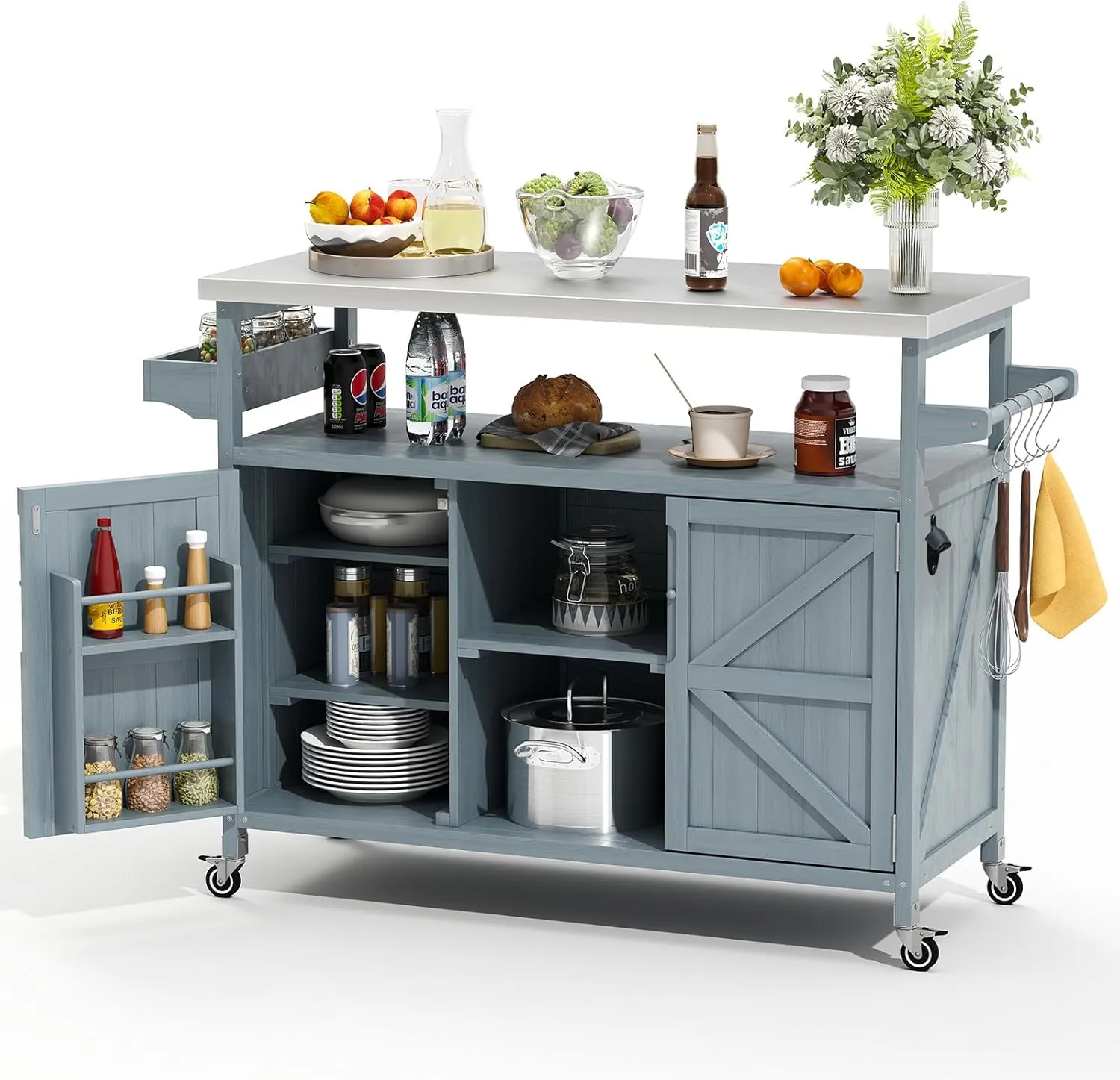 Outdoor Grill Cart, Stainless Steel Tabletop Outdoor Kitchen Island, Solid Wood Outdoor Buffet Cabinet with Lockable Wheels for Grilling, Gray-Blue