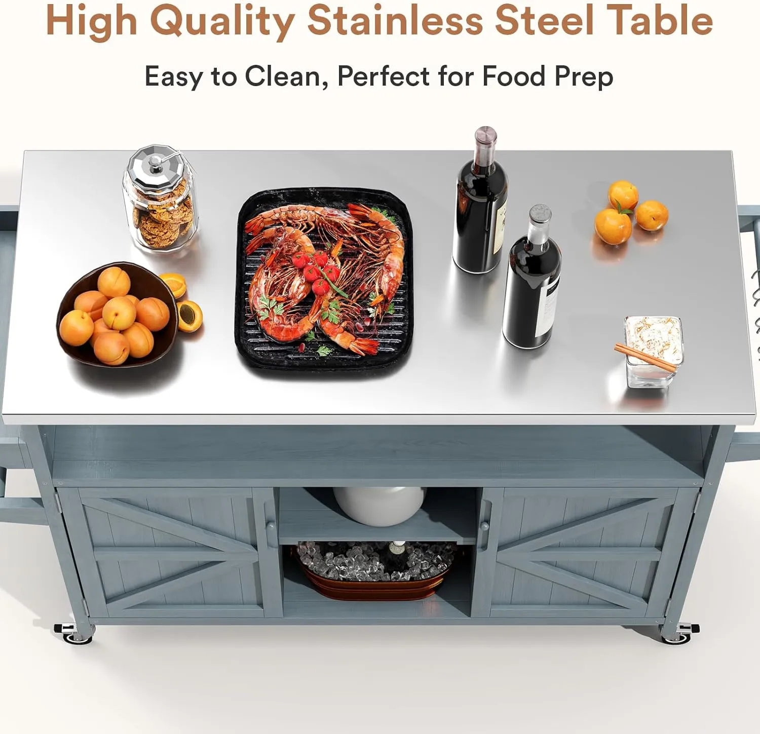 Outdoor Grill Cart, Stainless Steel Tabletop Outdoor Kitchen Island, Solid Wood Outdoor Buffet Cabinet with Lockable Wheels for Grilling, Gray-Blue