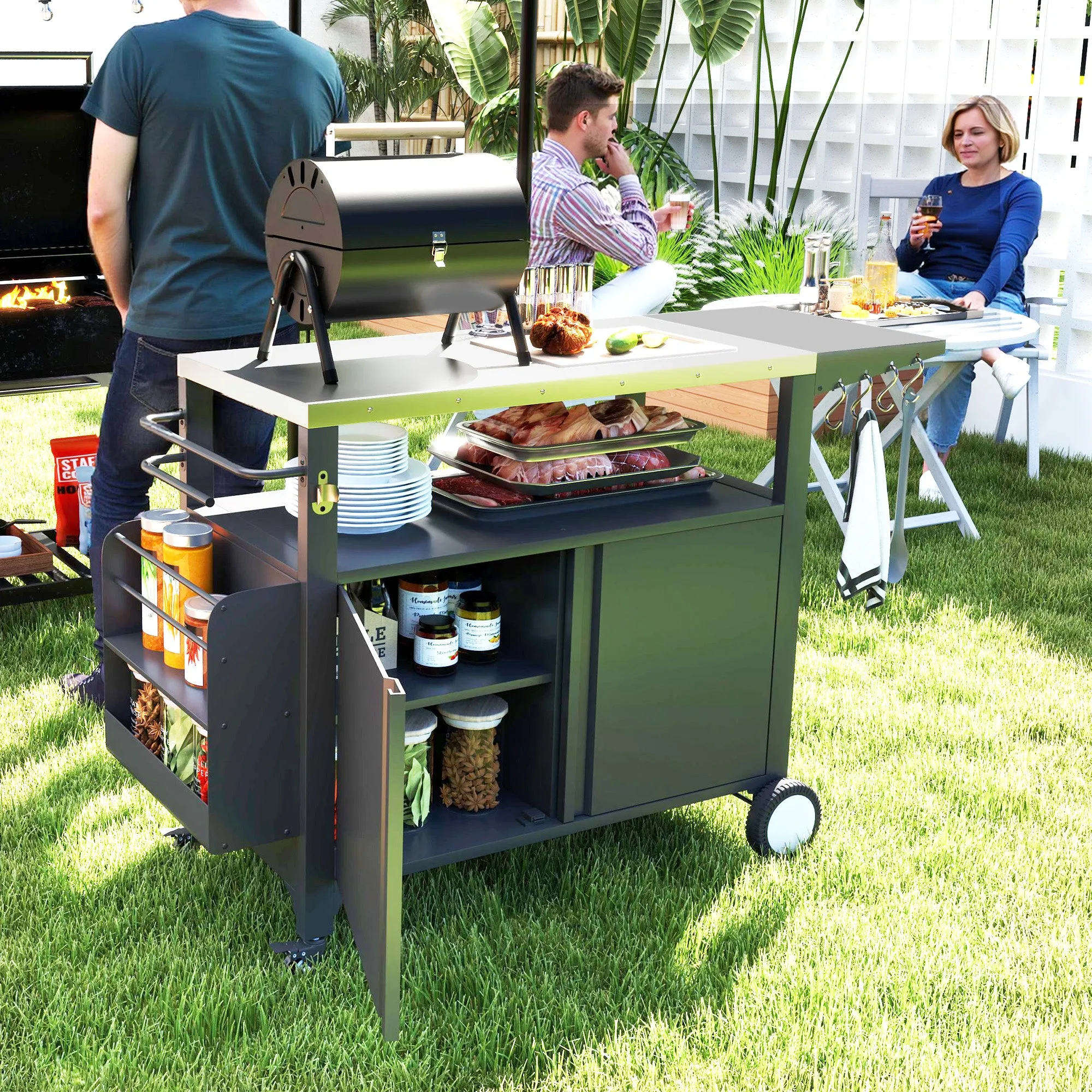 Outdoor Movable Grill Cart with Stainless Steel Top & Foldable Side Shelf, 37.8" x 18.1"