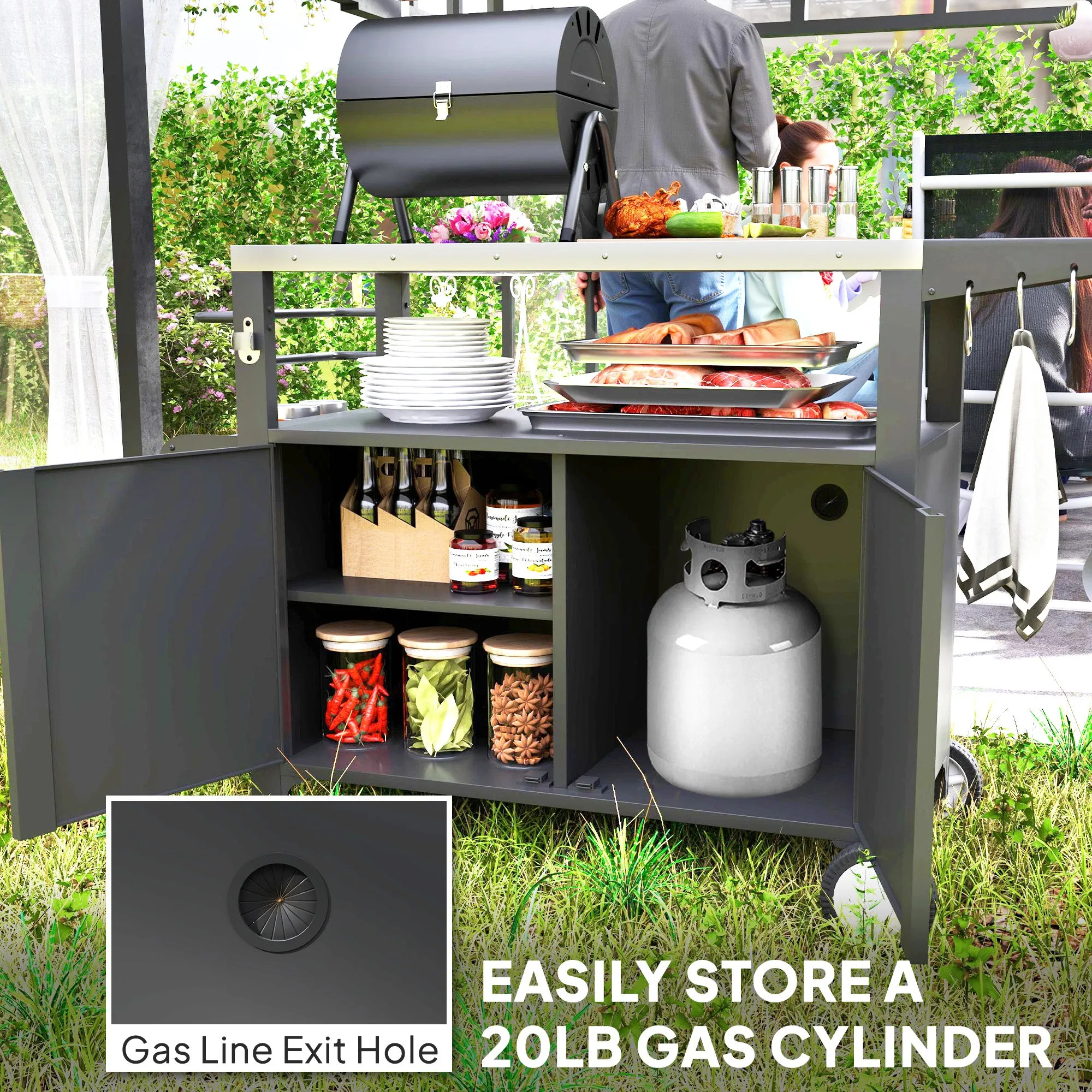 Outdoor Movable Grill Cart with Stainless Steel Top & Foldable Side Shelf, 37.8" x 18.1"
