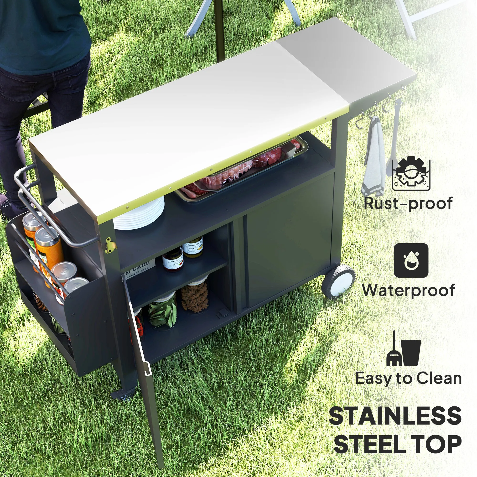Outdoor Movable Grill Cart with Stainless Steel Top & Foldable Side Shelf, 37.8" x 18.1"