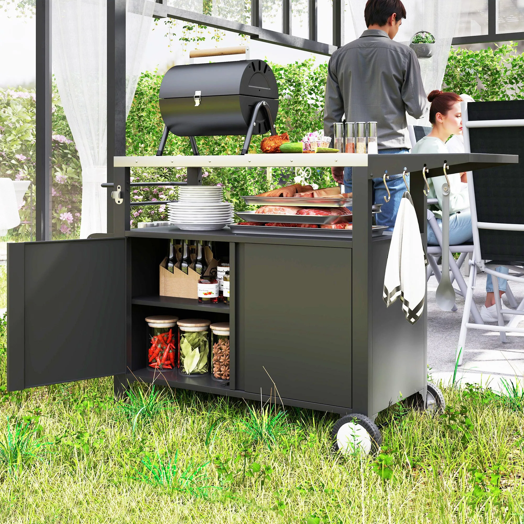 Outdoor Movable Grill Cart with Stainless Steel Top & Foldable Side Shelf, 37.8" x 18.1"