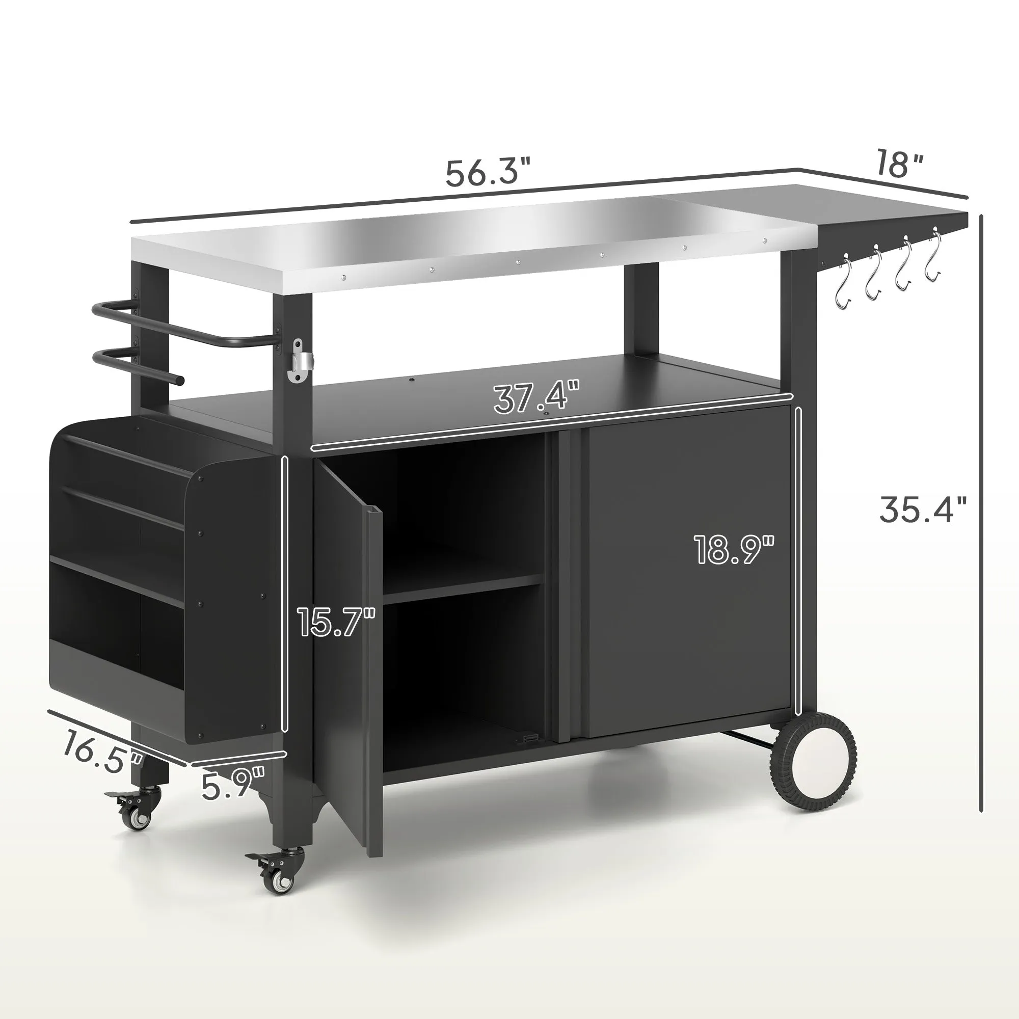 Outdoor Movable Grill Cart with Stainless Steel Top & Foldable Side Shelf, 37.8" x 18.1"