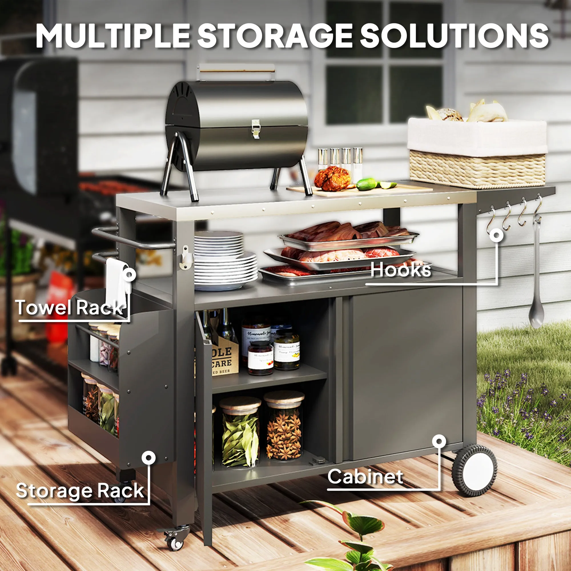 Outdoor Movable Grill Cart with Stainless Steel Top & Foldable Side Shelf, 37.8" x 18.1"