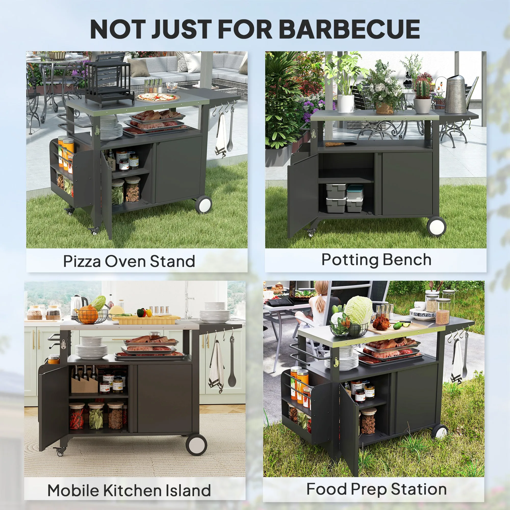 Outdoor Movable Grill Cart with Stainless Steel Top & Foldable Side Shelf, 37.8" x 18.1"