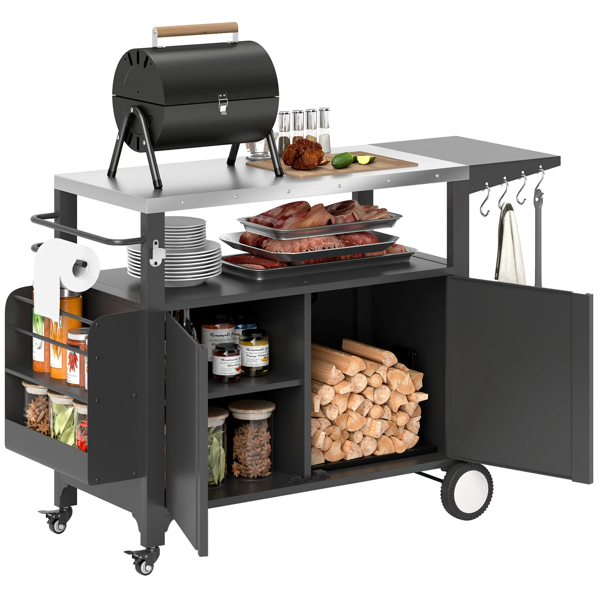 Outdoor Movable Grill Cart with Stainless Steel Top & Foldable Side Shelf, 37.8" x 18.1"