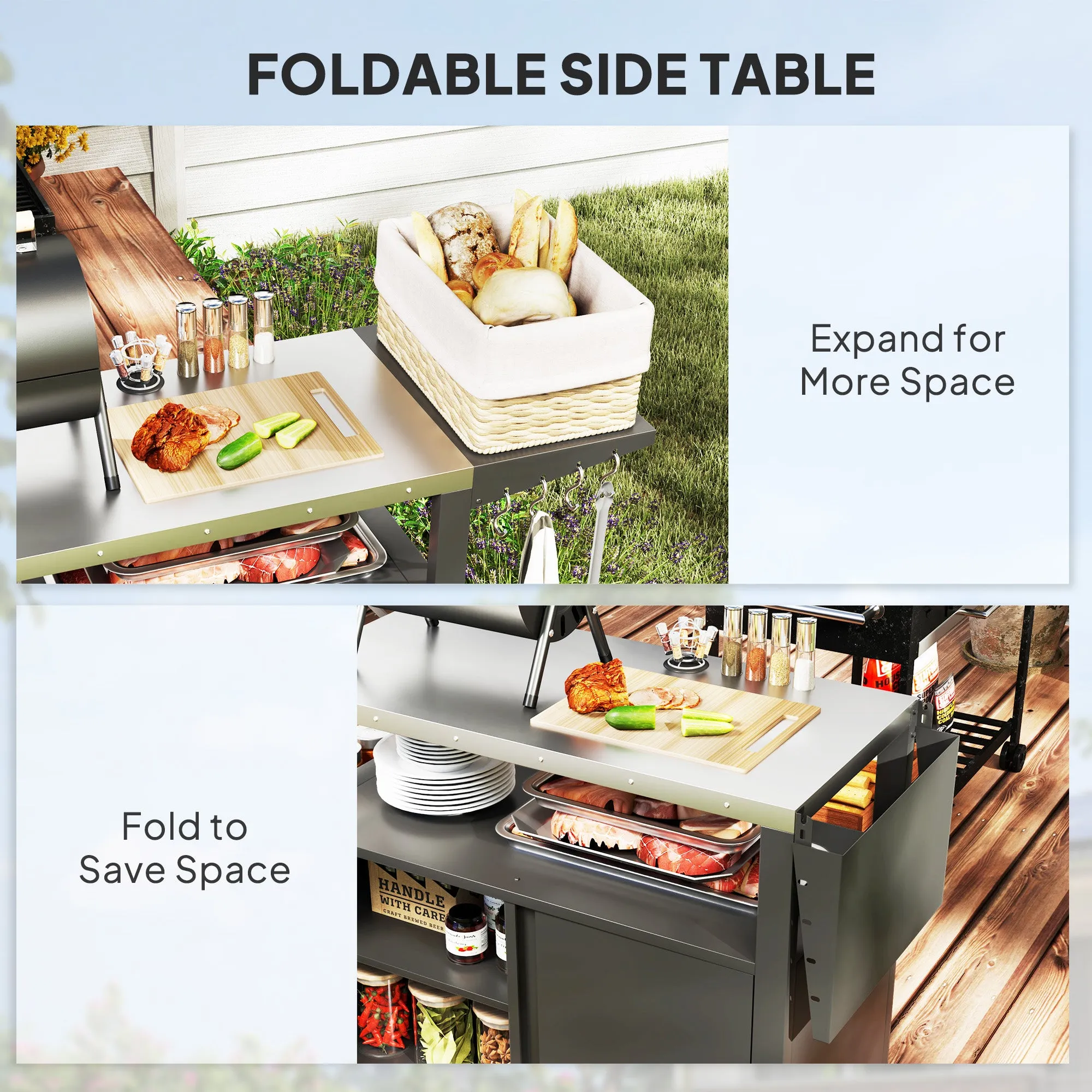Outdoor Movable Grill Cart with Stainless Steel Top & Foldable Side Shelf, 37.8" x 18.1"