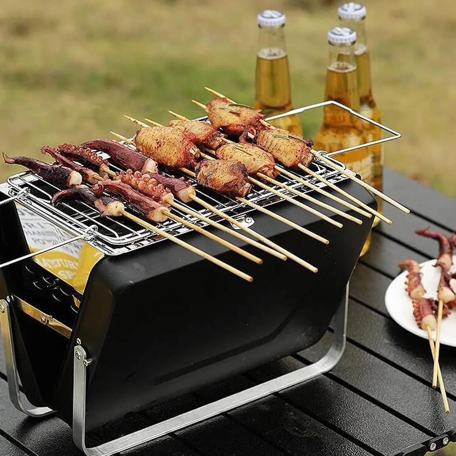 Outdoor Portable Barbecue Grill Portable Household Charcoal Barbecue Grill Folding Camping Field Mini Barbecue Grill Can Be Raised and Lowered (Orange)