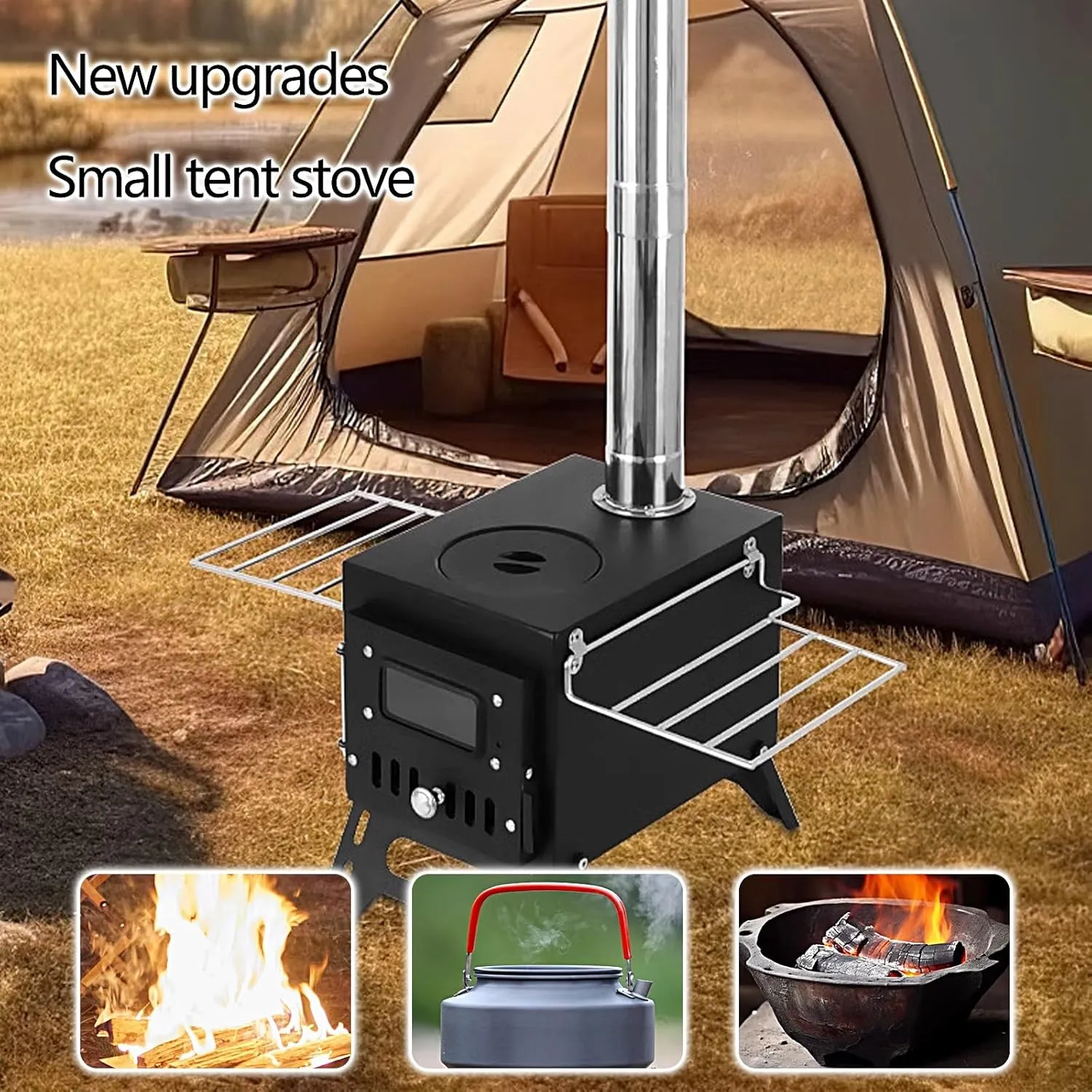 Outdoor Portable Wood Stove, Wood Burning Stove for Camping, Tent Heaters for Camping Includes Chimney Pipes ans View Glass, Ice Fishing Cookout Travel(Black)