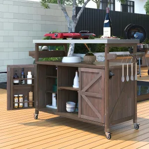 Outdoor Rolling Kitchen Island on Wheels with Storage Cabinet, Solid Wood Island Table, Mobile Kitchen Cart with Stainless Steel Top, Farmhouse Grill Cart (Dark Brown)