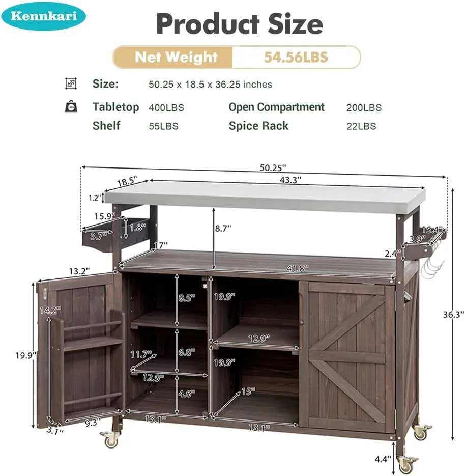 Outdoor Rolling Kitchen Island on Wheels with Storage Cabinet, Solid Wood Island Table, Mobile Kitchen Cart with Stainless Steel Top, Farmhouse Grill Cart (Dark Brown)