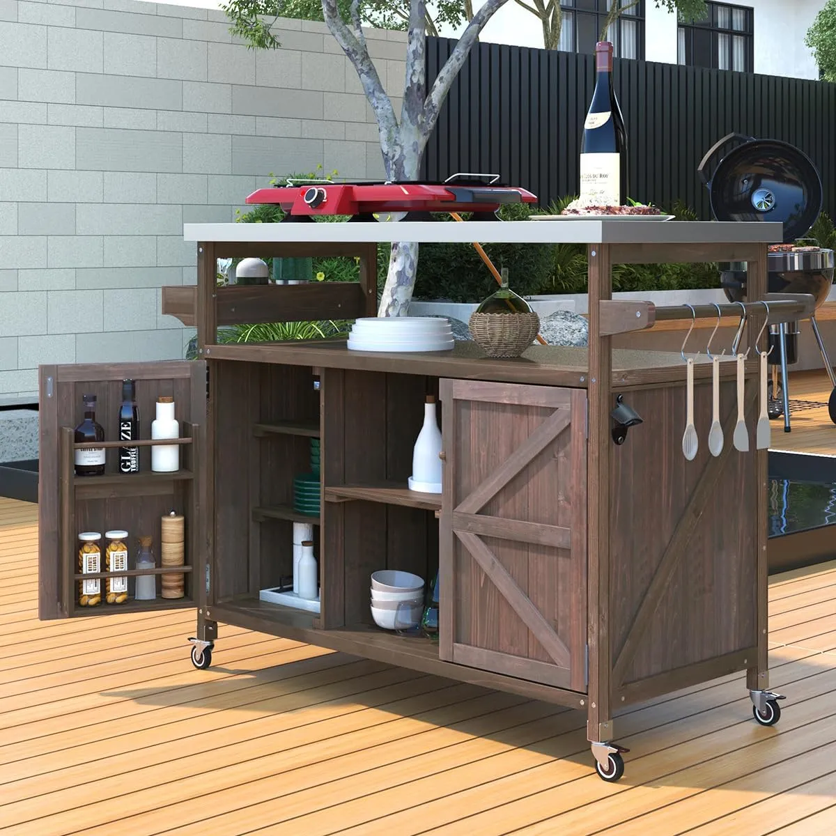 Outdoor Rolling Kitchen Island on Wheels with Storage Cabinet, Solid Wood Island Table, Mobile Kitchen Cart with Stainless Steel Top, Farmhouse Grill Cart (Dark Brown)