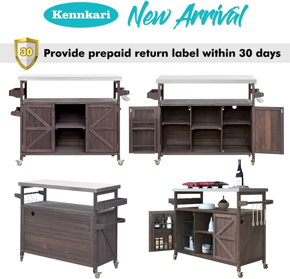 Outdoor Rolling Kitchen Island on Wheels with Storage Cabinet, Solid Wood Island Table, Mobile Kitchen Cart with Stainless Steel Top, Farmhouse Grill Cart (Dark Brown)