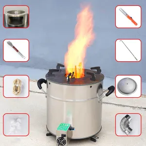 Outdoor Wood Stove Stainless Steel, Wood Burning Camping Stove with Blower, Portable Round Tent Stove Multifunctional for Winter Camping Heating and Cooking (Color : A)
