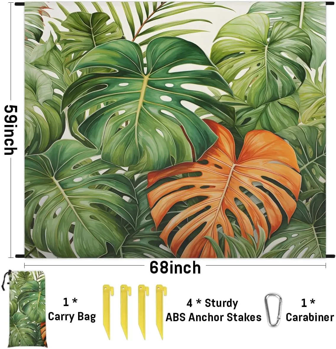 Palm Leaves Beach Blanket, Sandproof Beach Mat, 68 x 59 Waterproof Quick Drying Sand Free Mat with 4 x Ground Spikes for Outdoor Travel Camping Hiking, Tropical Palm Leaves
