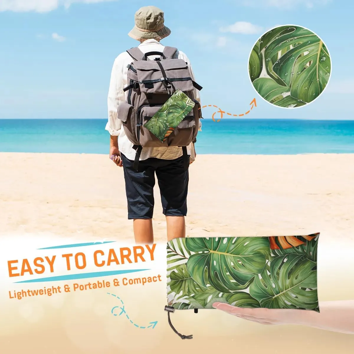 Palm Leaves Beach Blanket, Sandproof Beach Mat, 68 x 59 Waterproof Quick Drying Sand Free Mat with 4 x Ground Spikes for Outdoor Travel Camping Hiking, Tropical Palm Leaves