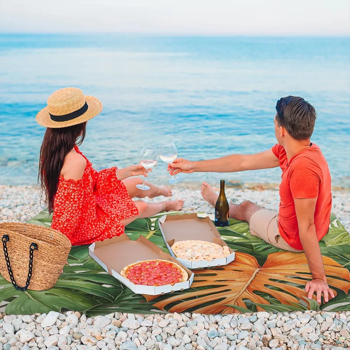 Palm Leaves Beach Blanket, Sandproof Beach Mat, 68 x 59 Waterproof Quick Drying Sand Free Mat with 4 x Ground Spikes for Outdoor Travel Camping Hiking, Tropical Palm Leaves