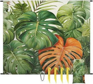 Palm Leaves Beach Blanket, Sandproof Beach Mat, 68 x 59 Waterproof Quick Drying Sand Free Mat with 4 x Ground Spikes for Outdoor Travel Camping Hiking, Tropical Palm Leaves