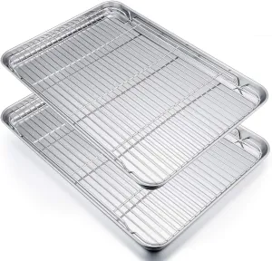 P&P CHEF 19.6 Inch Stainless Steel Baking Sheet with Rack Set (2 Pans  2 Racks), Cookie Sheets Pans Baking Trays and Cooling Wire Racks, Oven & Dishwasher Safe, 4 Pcs