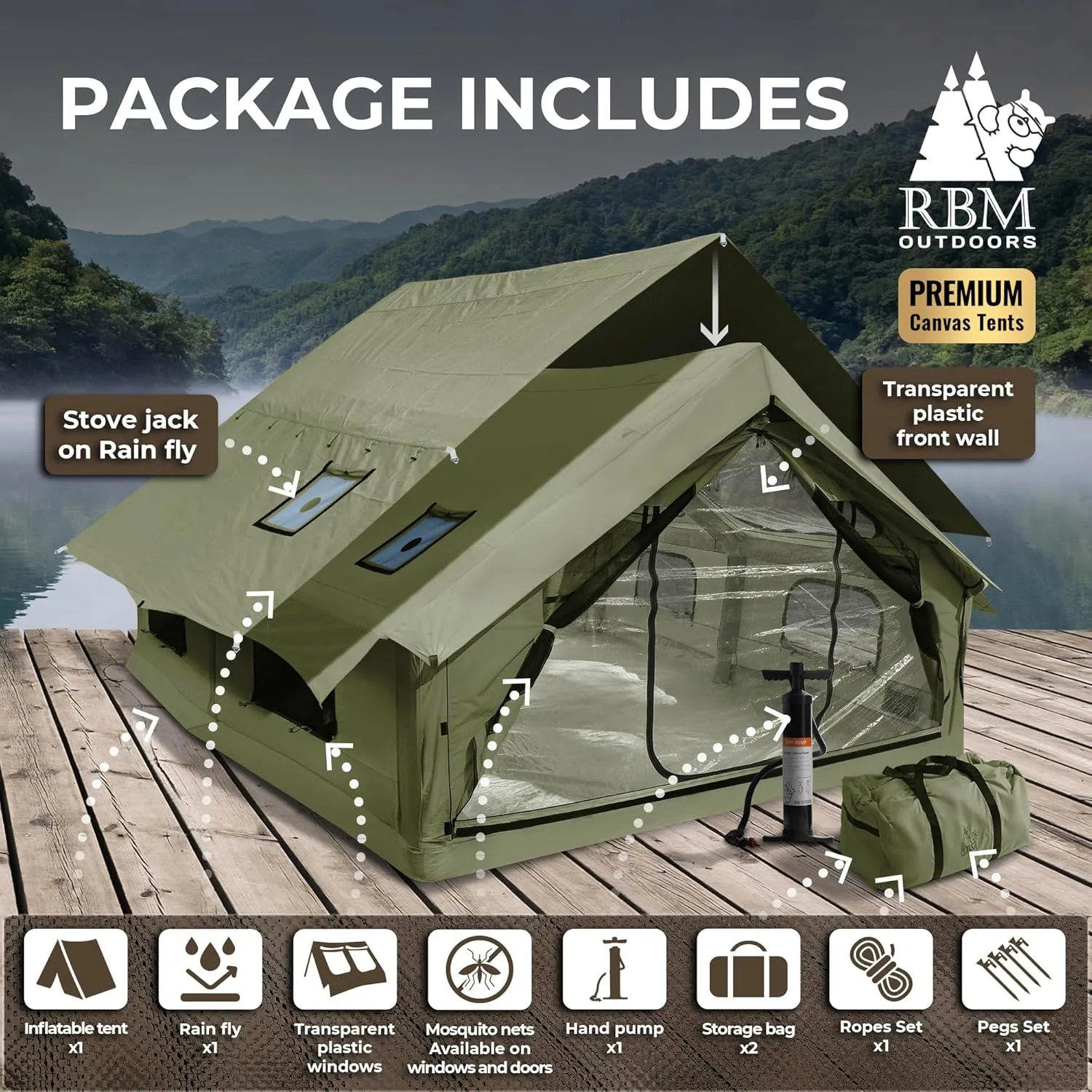 Panda Inflatable Tents for Camping with Stove Jack, Canvas Blow Up, Easy Setup Inflatable Tent, Waterproof Hot Inflatable Outdoor House, Casa de Campaña with Hand Pump