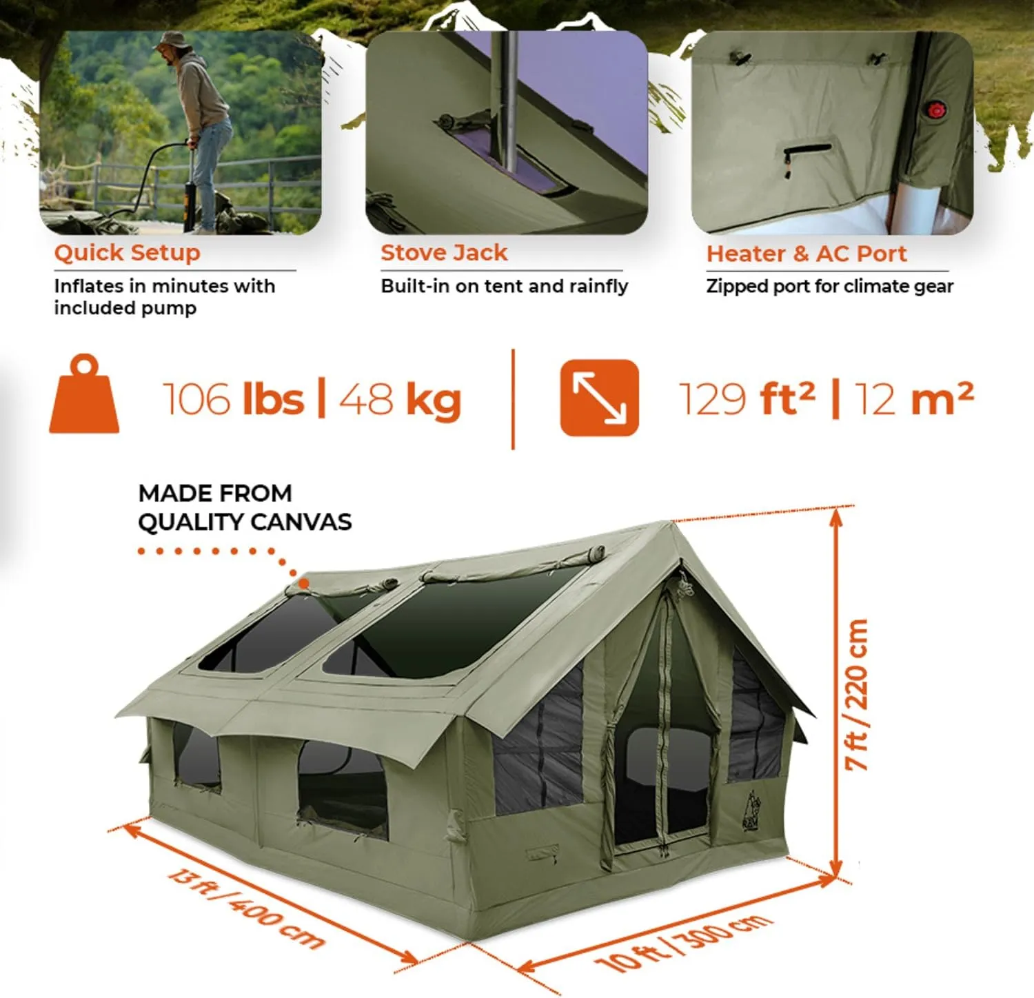 Panda Inflatable Tents for Camping with Stove Jack, Canvas Blow Up, Easy Setup Inflatable Tent, Waterproof Hot Inflatable Outdoor House, Casa de Campaña with Hand Pump