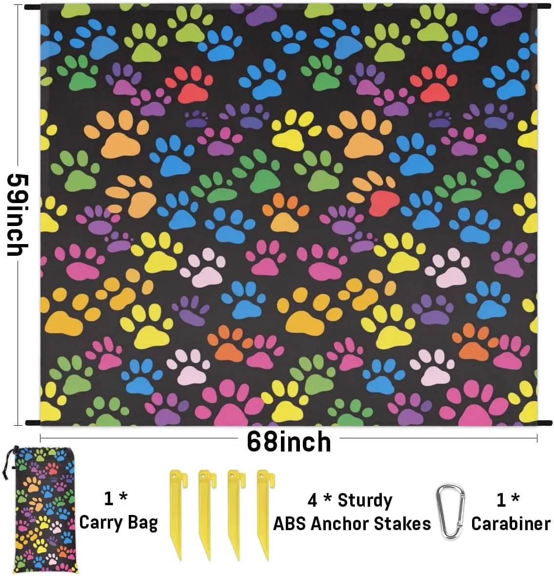 Paw Print Beach Blanket, Sandproof Beach Mat, Adults Waterproof Quick Drying Sand Free Mat with 4 x Ground Spikes for Outdoor Travel Camping Hiking, Colorful Dog Cat Paw
