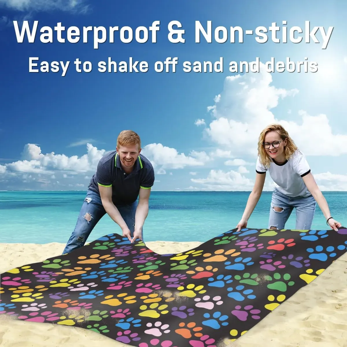 Paw Print Beach Blanket, Sandproof Beach Mat, Adults Waterproof Quick Drying Sand Free Mat with 4 x Ground Spikes for Outdoor Travel Camping Hiking, Colorful Dog Cat Paw