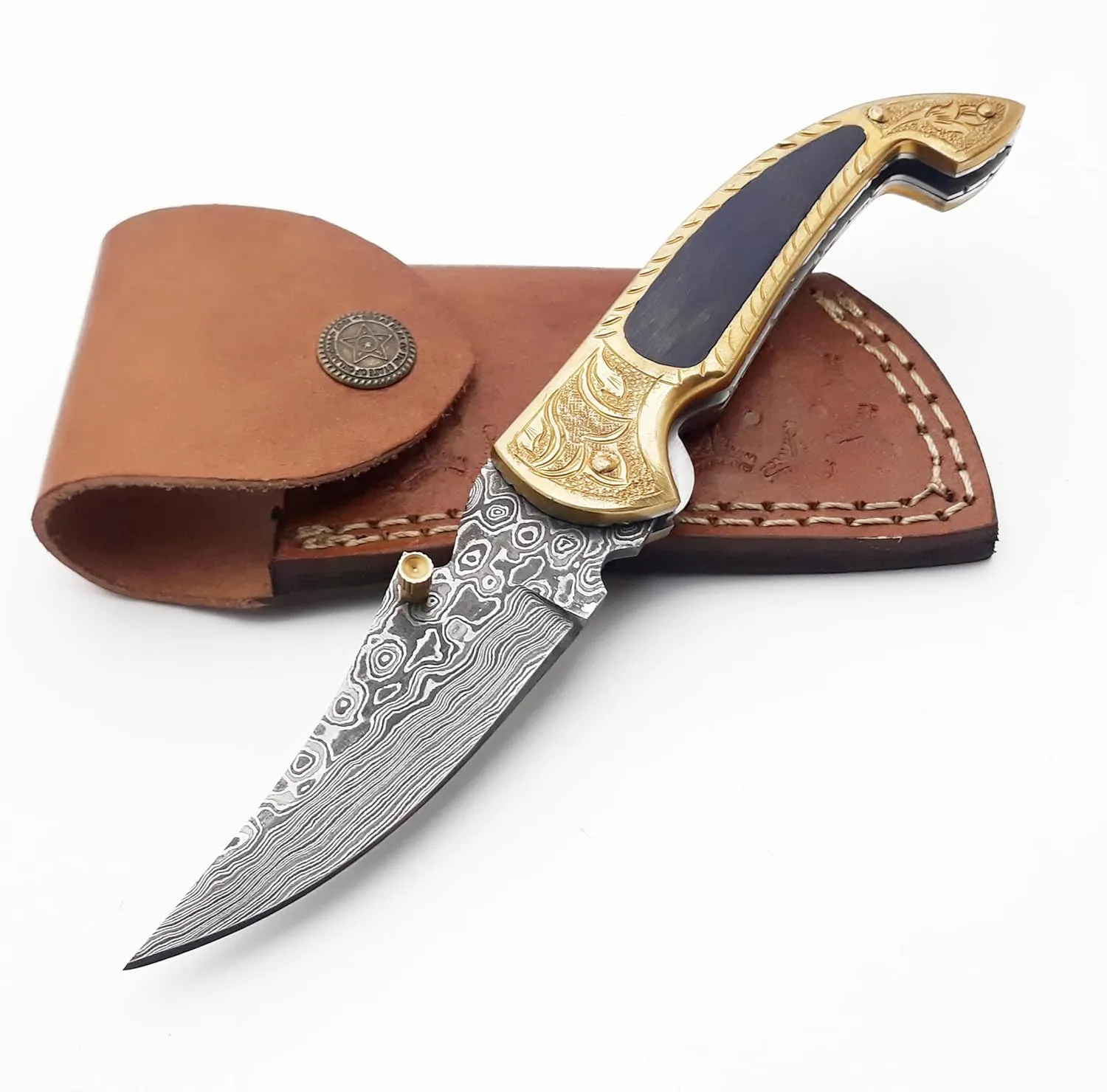 Personalized Damascus Steel Pocket Folding Knife Unique Brass Handle 7.4", Pocket Knives & Folding Knives Gift for Husband, Best Man Gifts for Wedding