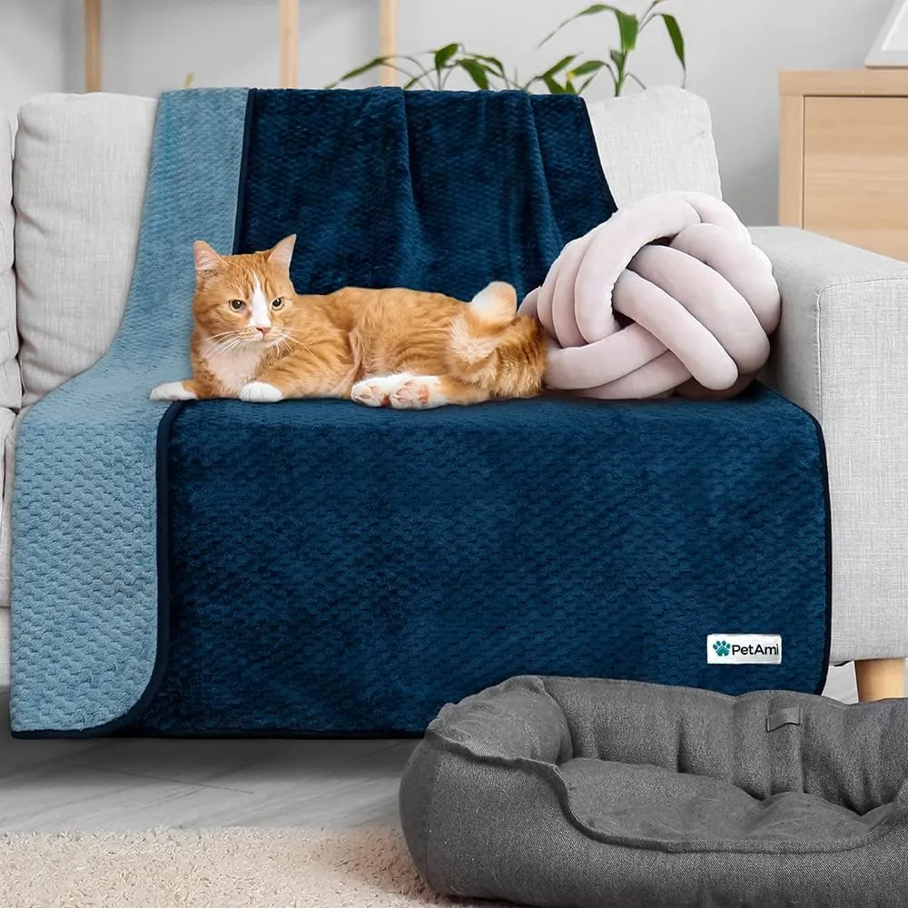 PetAmi Waterproof Dog Blanket, Leakproof XL Pet Blanket for Large Dogs, Furniture Sofa Couch Cover Protector, Fleece Cat Throw Bed Crate Kennel, Reversible Washable Soft Plush, Twin 60x80 Navy Blue