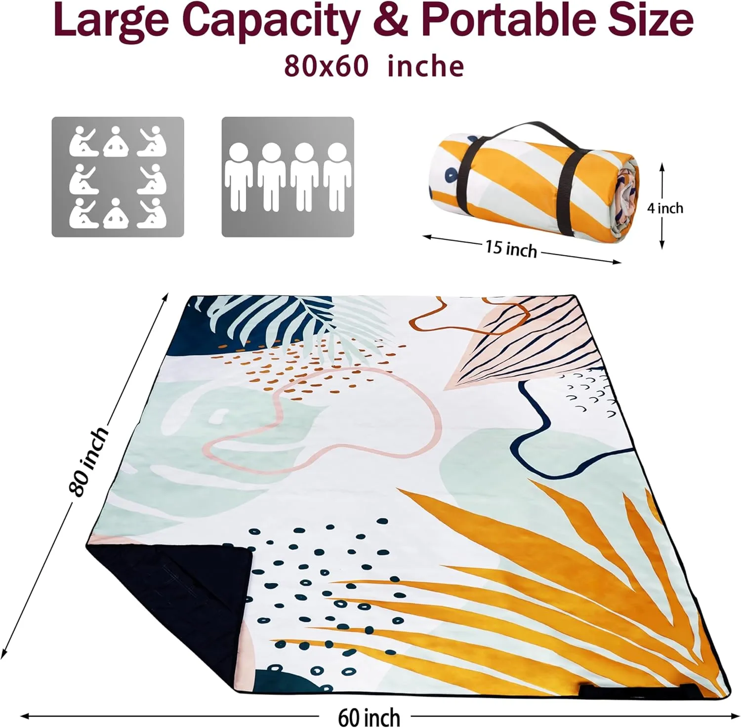 Picnic Blankets Beach Blanket 80" X 60" Extra Large Waterproof Camping Blankets Portable Outdoor Mat 3-Layer Blanket for Beach, Hiking, Park, Music Festival, Grass Lawn,Travel