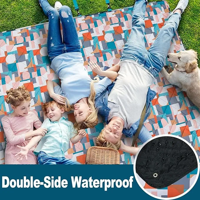Picnic Blankets Extra Large, Waterproof Sandproof Packable Outdoor Beach Blanket Oversized 73x59”, 3-Layer Picnic Mat for Camping Hiking Travel Park with Easy-Carrying Tote Bag (Orange Geometry)
