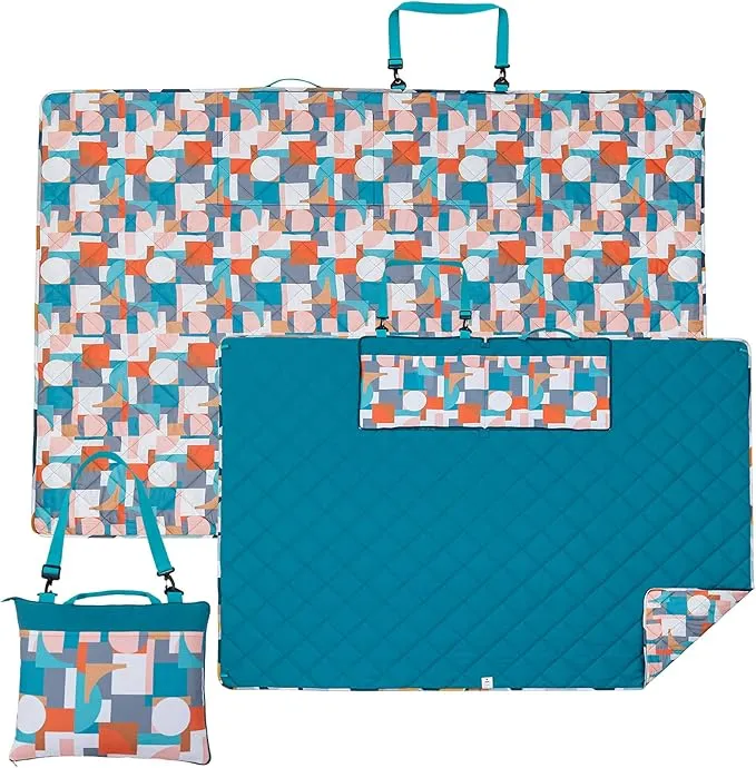 Picnic Blankets Extra Large, Waterproof Sandproof Packable Outdoor Beach Blanket Oversized 73x59”, 3-Layer Picnic Mat for Camping Hiking Travel Park with Easy-Carrying Tote Bag (Orange Geometry)