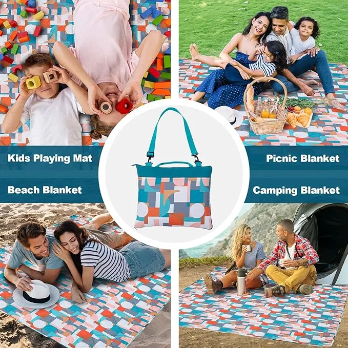 Picnic Blankets Extra Large, Waterproof Sandproof Packable Outdoor Beach Blanket Oversized 73x59”, 3-Layer Picnic Mat for Camping Hiking Travel Park with Easy-Carrying Tote Bag (Orange Geometry)