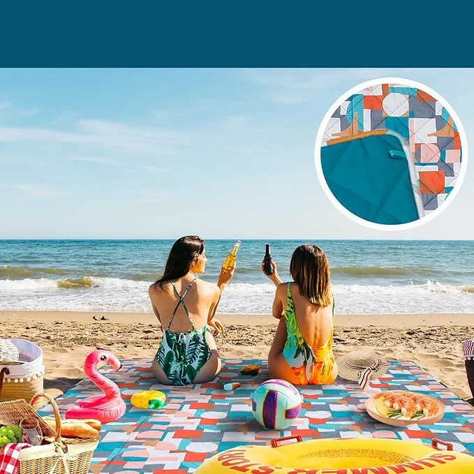 Picnic Blankets Extra Large, Waterproof Sandproof Packable Outdoor Beach Blanket Oversized 73x59”, 3-Layer Picnic Mat for Camping Hiking Travel Park with Easy-Carrying Tote Bag (Orange Geometry)