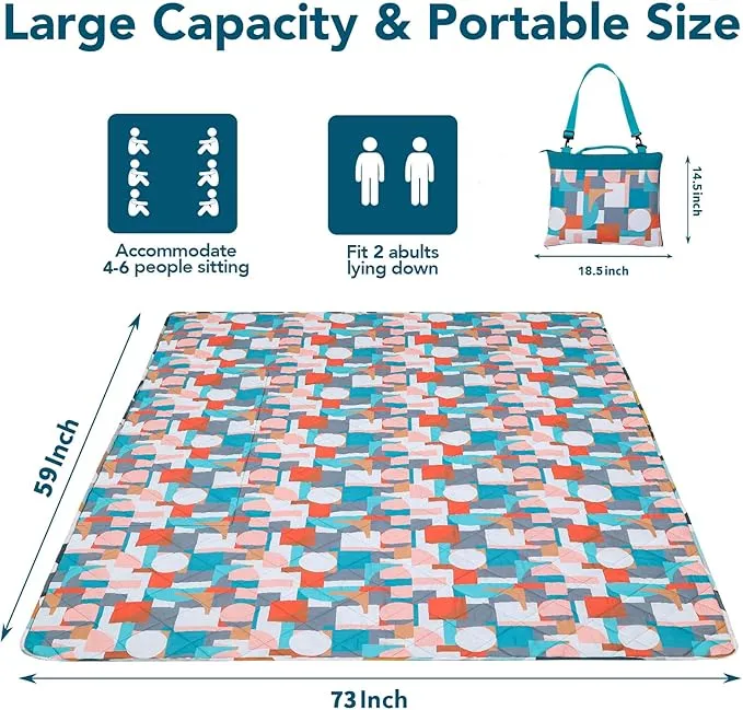 Picnic Blankets Extra Large, Waterproof Sandproof Packable Outdoor Beach Blanket Oversized 73x59”, 3-Layer Picnic Mat for Camping Hiking Travel Park with Easy-Carrying Tote Bag (Orange Geometry)