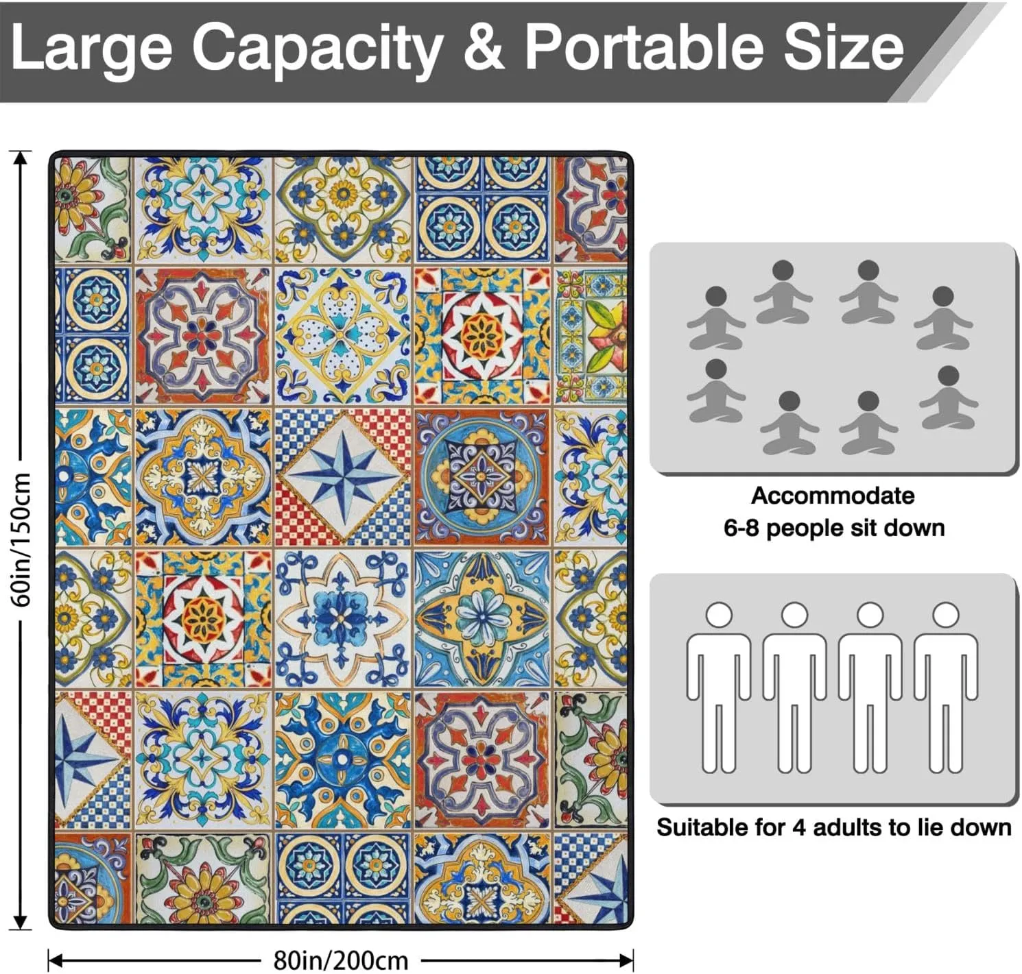 Picnic Blankets Waterproof Foldable60’‘x80'',BohoPortable Outdoor Picnic Mat Water Resistant for Grass,Padded Lawn & Park Blanket for Camping,Hiking