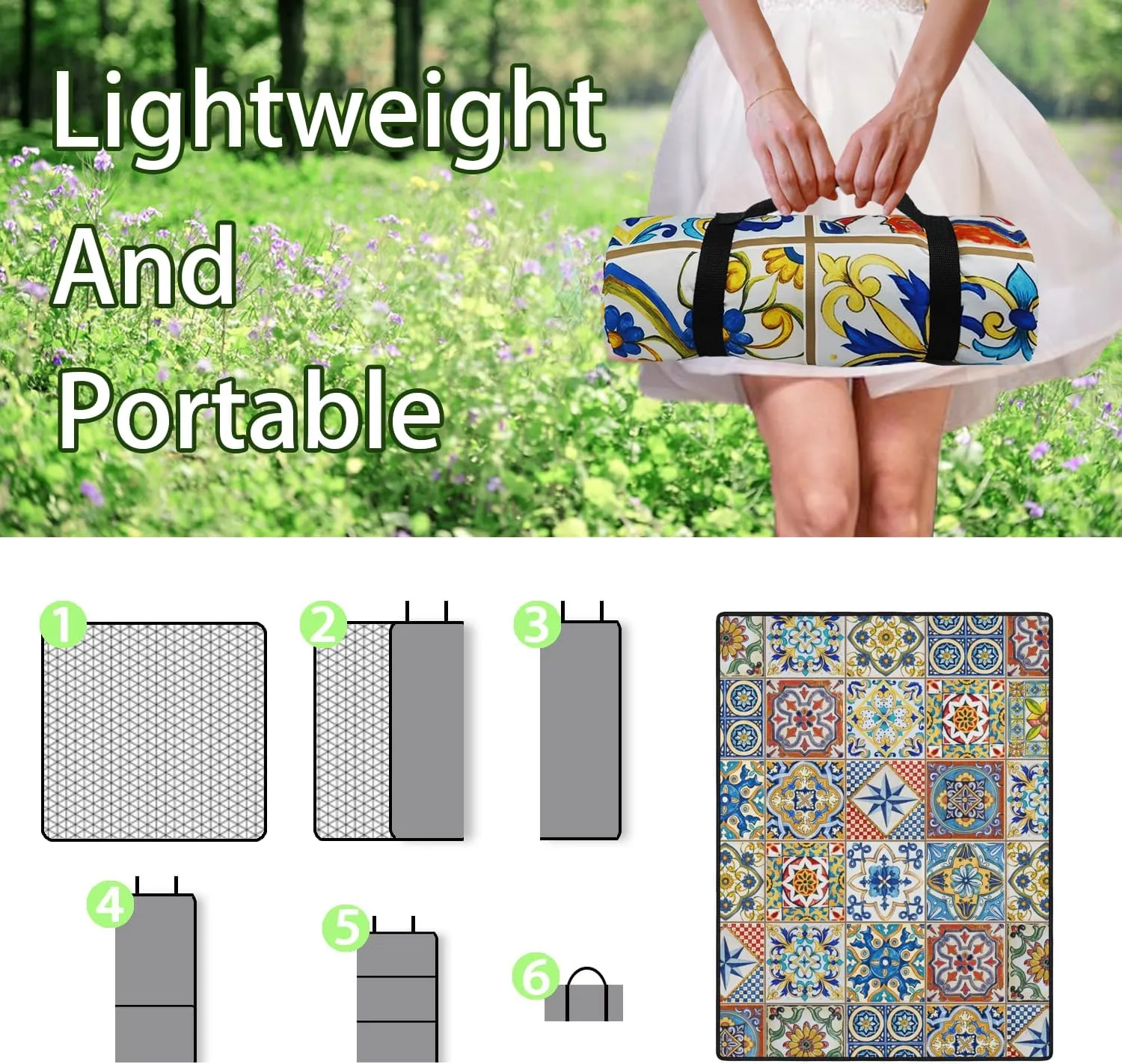 Picnic Blankets Waterproof Foldable60’‘x80'',BohoPortable Outdoor Picnic Mat Water Resistant for Grass,Padded Lawn & Park Blanket for Camping,Hiking