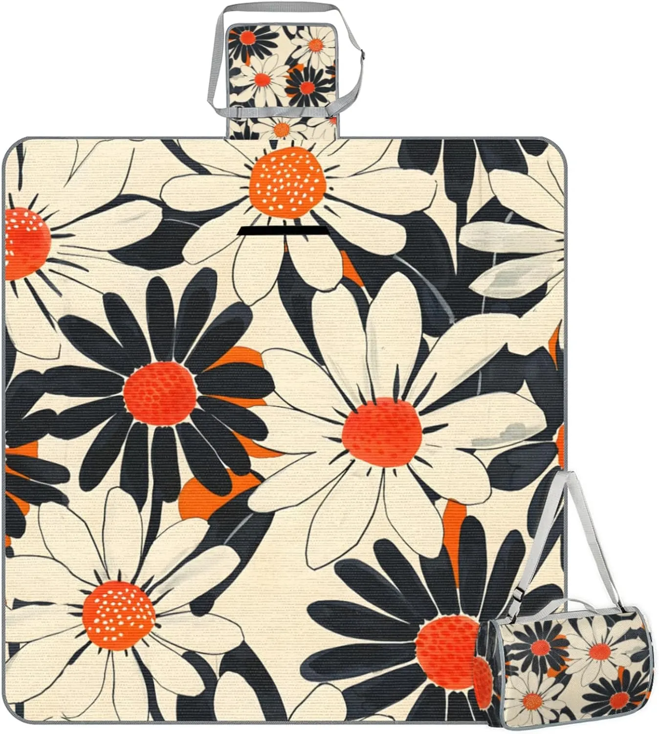 Picnic Blankets Waterproof Rug, 59*57inch Outdoor Camping Blanket Portable with Carry Strap, Packable Beach Blanket Sandproof, Family Camping Mat for Grass Concert, Park, Travel (Flower Orange)