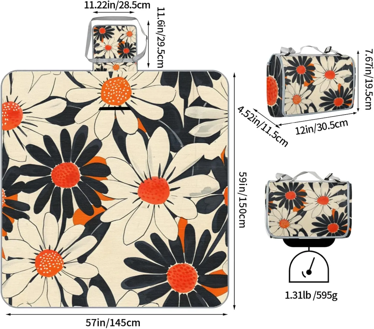 Picnic Blankets Waterproof Rug, 59*57inch Outdoor Camping Blanket Portable with Carry Strap, Packable Beach Blanket Sandproof, Family Camping Mat for Grass Concert, Park, Travel (Flower Orange)