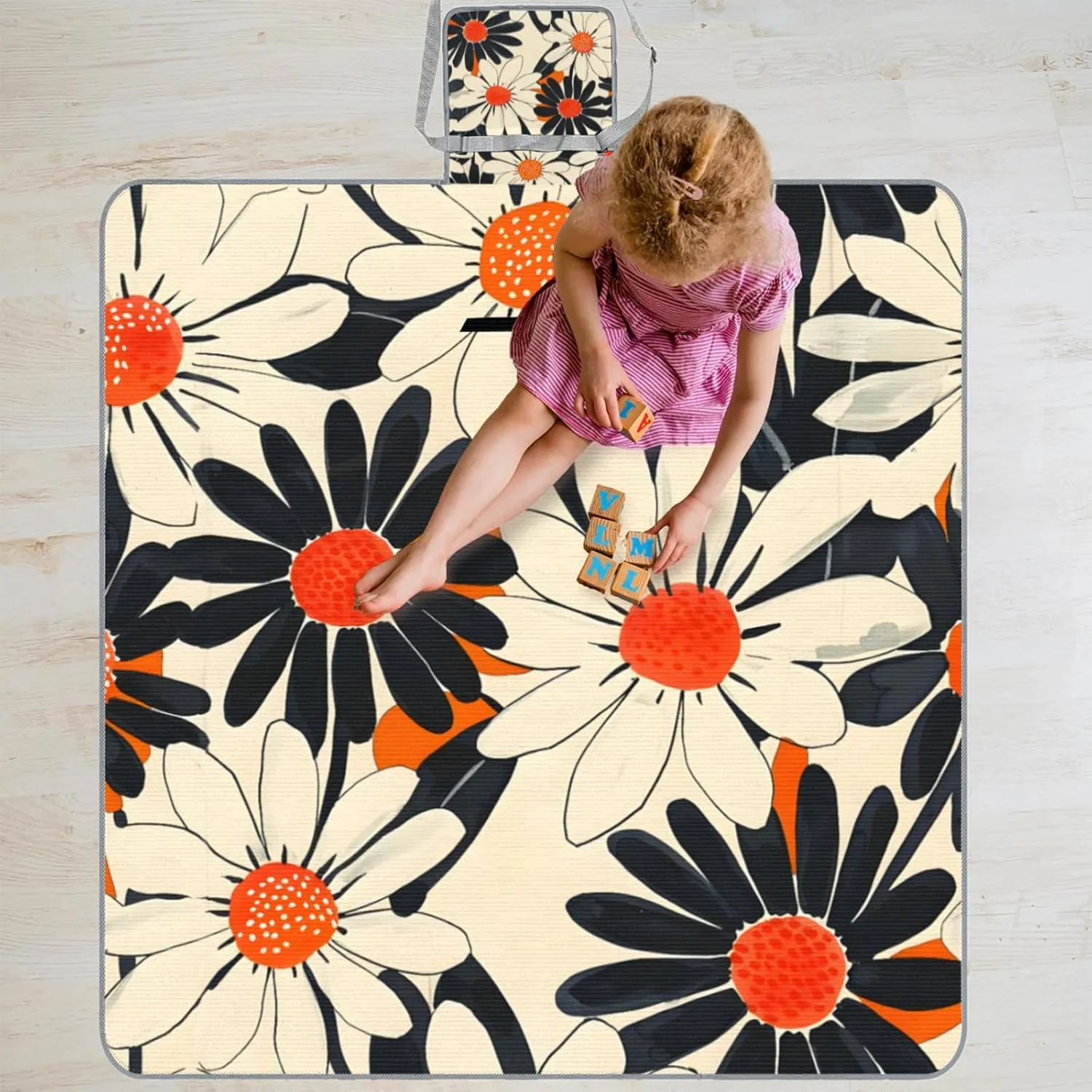 Picnic Blankets Waterproof Rug, 59*57inch Outdoor Camping Blanket Portable with Carry Strap, Packable Beach Blanket Sandproof, Family Camping Mat for Grass Concert, Park, Travel (Flower Orange)