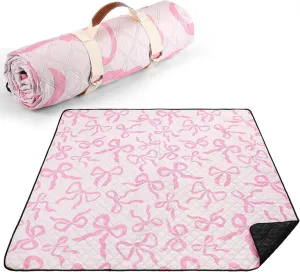 Pink Bow Picnic Blanket 80'' x 80'' Waterproof Extra Large Camping Blanket Coquette Picnic Mat Foldable Portable Preppy Outdoor Beach Mat with Carry Strap for Outdoor Grass Lawn Park