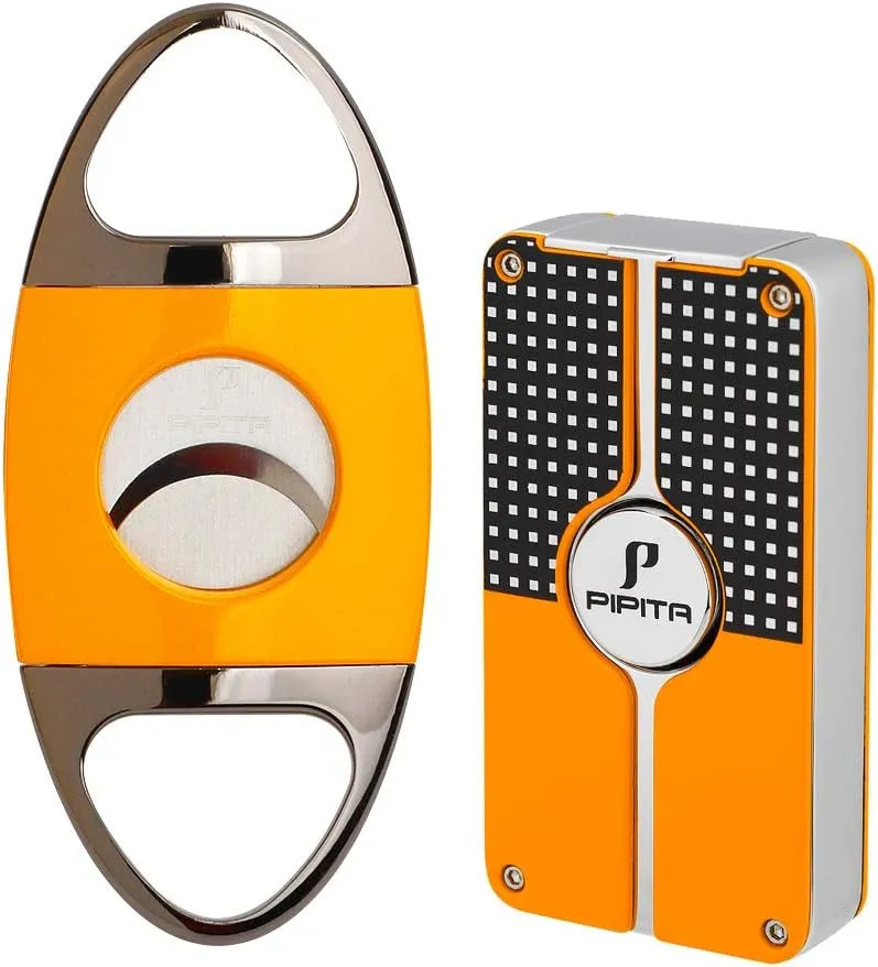PIPITA Cigar Lighter and Cigar Cutter Set (2pcs/Set), Jet 3 Flame Cigar Lighter Torch and Cigar Cutter, Packing with Nice Gift Box