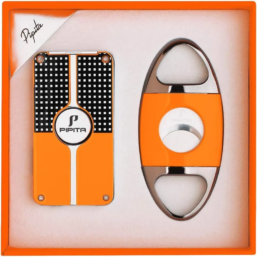 PIPITA Cigar Lighter and Cigar Cutter Set (2pcs/Set), Jet 3 Flame Cigar Lighter Torch and Cigar Cutter, Packing with Nice Gift Box