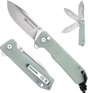 Pocket Knife for Men, 7.83" Button Lock Folding Knife with Clip, 14C28N Steel Natural White Stonewashed Blade, Nylon Sheath, Camping, Hiking, and Hunting Outdoor Tool