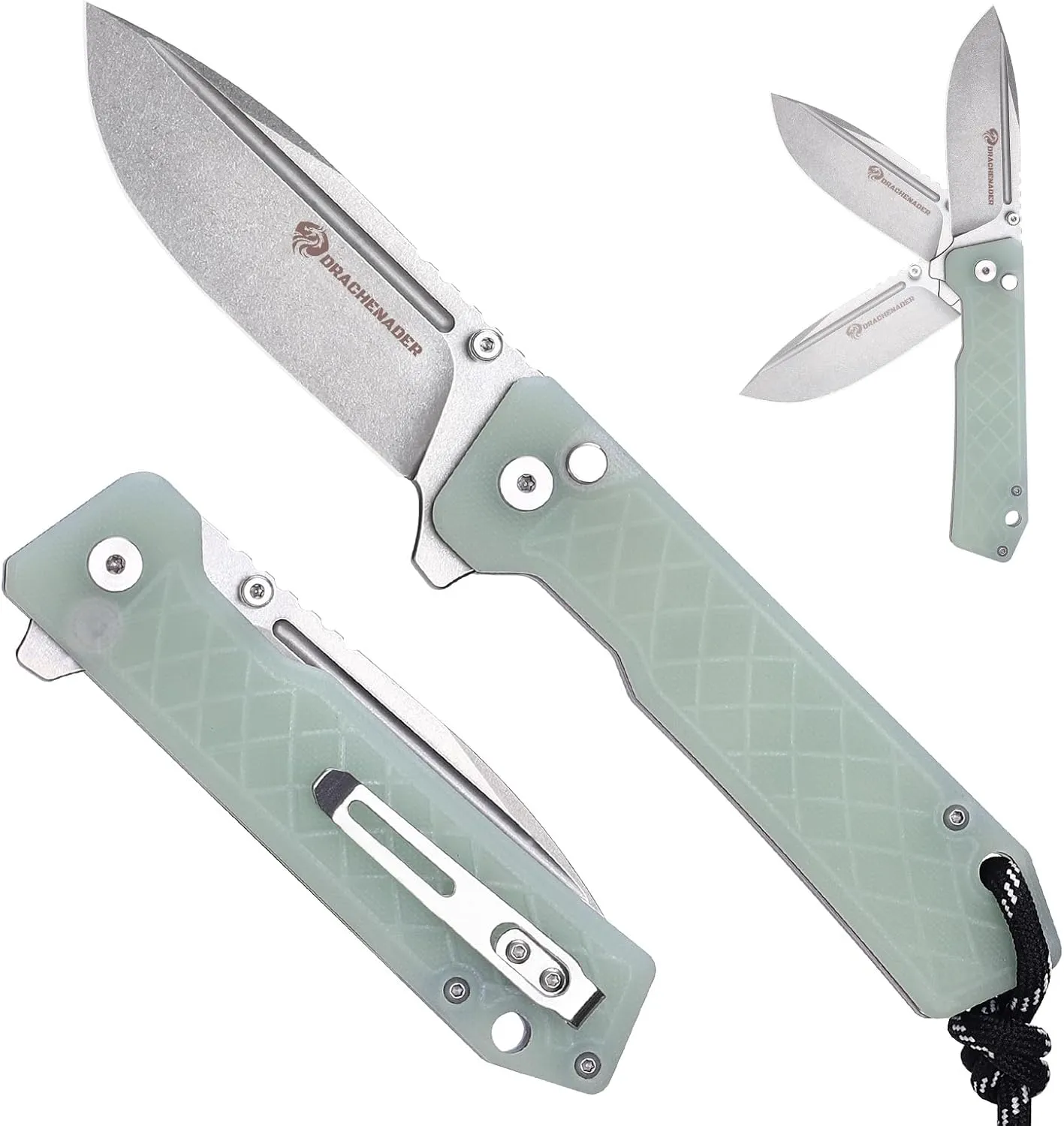 Pocket Knife for Men, 7.83" Button Lock Folding Knife with Clip, 14C28N Steel Natural White Stonewashed Blade, Nylon Sheath, Camping, Hiking, and Hunting Outdoor Tool