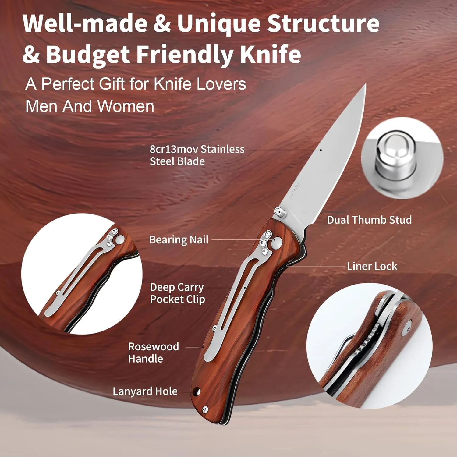 Pocket Knife for Men, Folding Knife with Clip, 3.74" 8Cr13MoV Steel Blade, Wood Handle EDC Knife for Outdoor Capmping, Tactical, Hunting and Fishing Gift