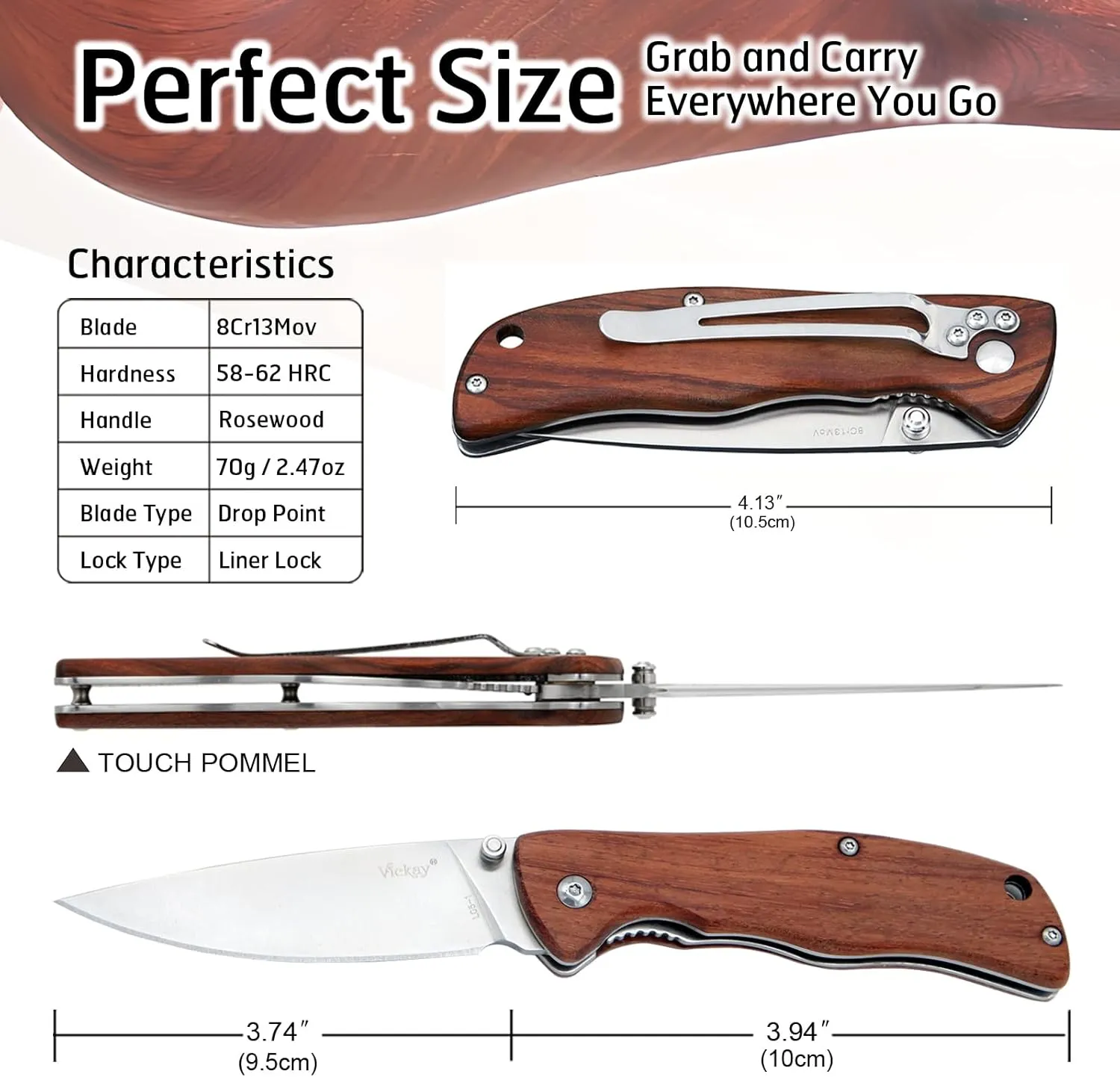 Pocket Knife for Men, Folding Knife with Clip, 3.74" 8Cr13MoV Steel Blade, Wood Handle EDC Knife for Outdoor Capmping, Tactical, Hunting and Fishing Gift
