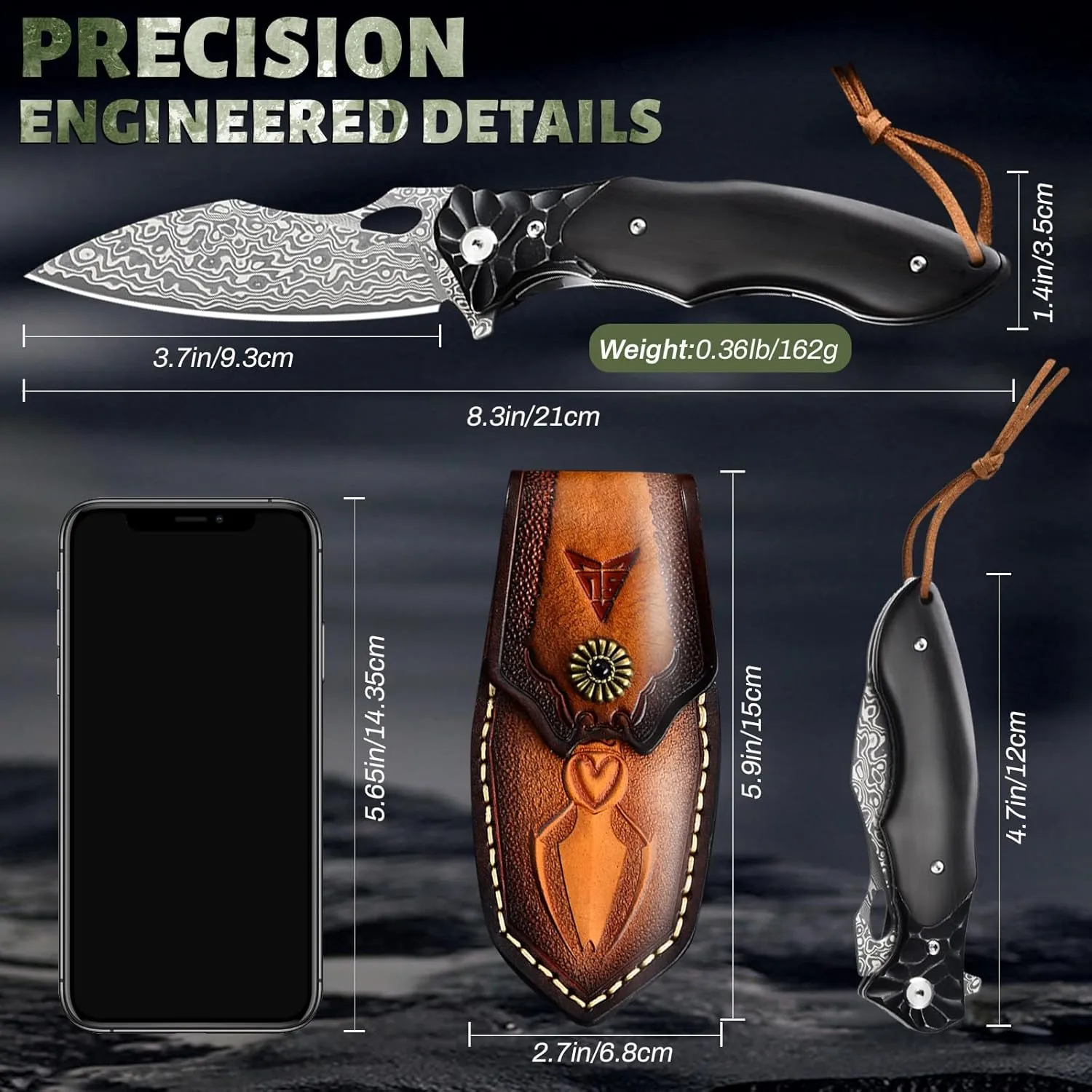 Pocket Knife for Men, Hunting knife with sheath, Damascus Steel Folding knife with Ebony Wood Handle, Survival EDC Knife for Fishing, Meat Cutting, Tactical Knife for Outdoor Camping Hiking